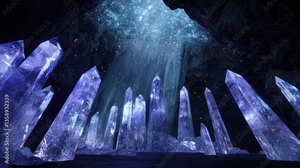A glowing waterfall inside a crystal cave, moonlight filtering in from a skylight, stars refracted through quartz