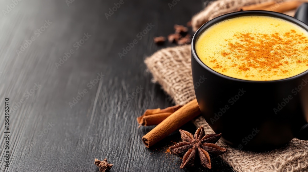 Fototapeta premium A black mug filled with rich golden milk sits among spices, signifying warmth and comfort, inviting feelings of tranquility, relaxation, and the essence of cozy moments at home.