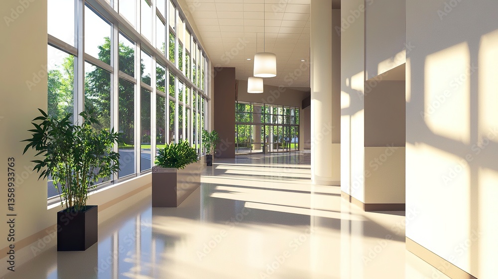 Wide, empty school corridor with large windows allowing sunlight to flood the space, polished floors and minimalist decor evoking a fresh start to the day. Wide, empty school corridor with large windows allowing sunlight to flood the space, polished floors and minimalist decor evoking a fresh start to the day.