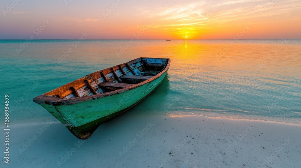Fototapeta premium An inviting wooden boat rests on the warm sands while a breathtaking sunset paints the sky with vibrant hues, symbolizing peace, simplicity, and the beauty of quiet moments in nature.