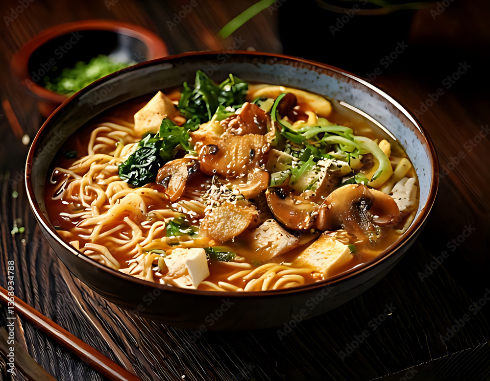 Delicious ramen noodles with tofu cozy restaurant food photography warm atmosphere close-up Delicious ramen noodles with tofu cozy restaurant food photography warm atmosphere close-up
