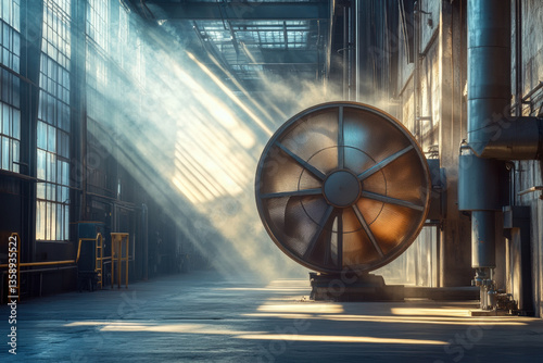 Large industrial fan in factory with workers wearing safety gear. Brightly lit space with machinery in background, showing heavy industrial work environment.