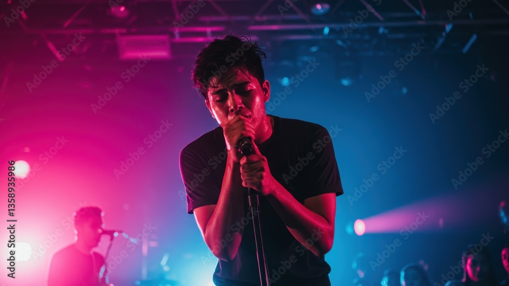 Young adult hispanic male sings holding microphone under colorful pink and blue stage lights in a concert with audience. Performance and musical expression.