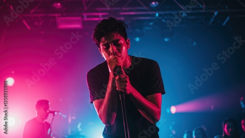 Obraz na płótnie Young adult hispanic male sings holding microphone under colorful pink and blue stage lights in a concert with audience. Performance and musical expression. w salonie