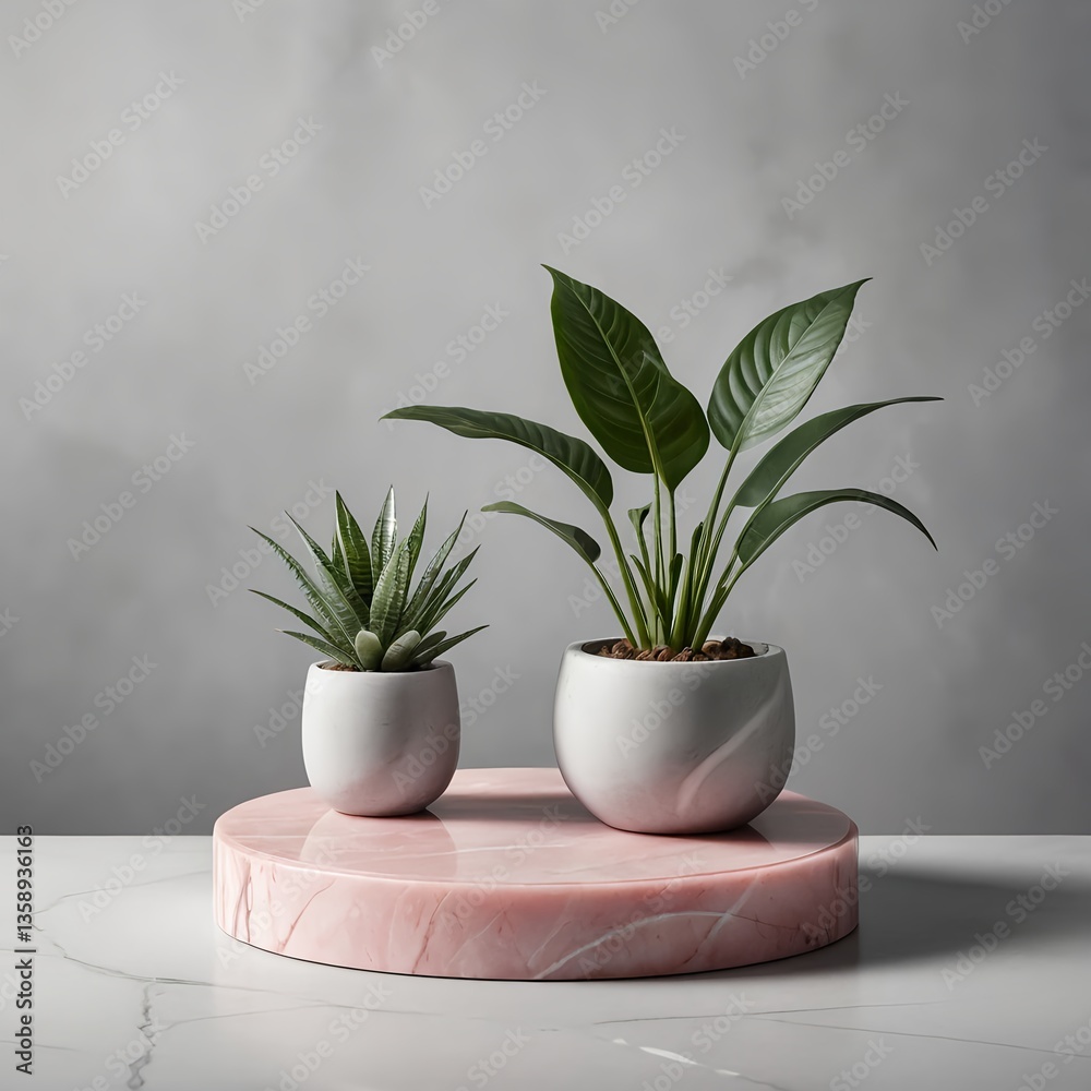 Fototapeta premium Minimalist Home Decor Two Potted Plants on Pink Marble Stand