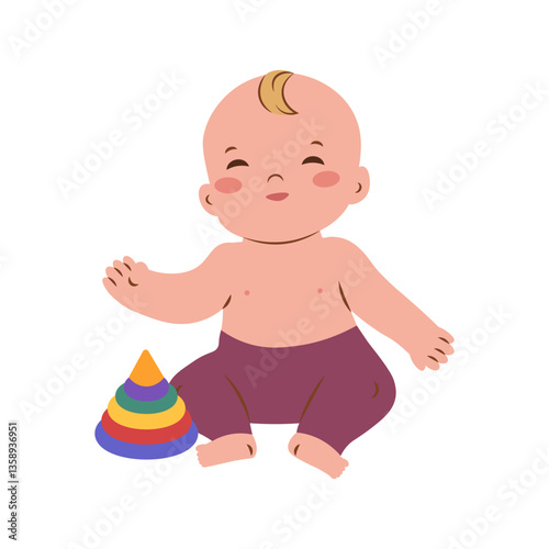 Little baby boy in stylish casual clothing barefoot sitting on floor, playing with colorful toy. Trendy baby clothing, learning, happy childhood concept