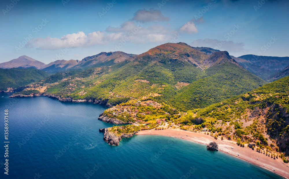 Breathtaking summer view from flying drone of Limnionas beach. Spectacular morning scene of Euboea island, Greece, Europe. Beautiful seascape of Aegean sea. Traveling concept background.