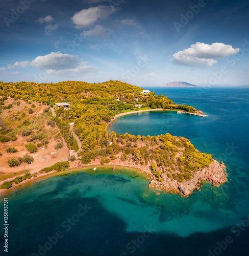 Obraz na płótnie Amazing summer view from flying drone of Thini greek resort. Picturesque morning scene of Peloponnese peninsula, Greece, Europe. Aerial seascape of Myrtoan Sea. Vacation concept background.. w salonie