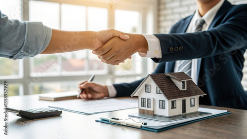 A handshake between a homebuyer and a real estate agent with a small house model in the background.
