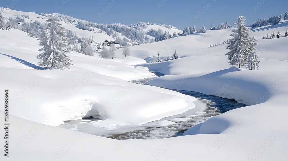 Obraz premium Snowy river valley winter landscape.