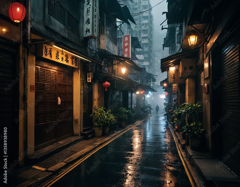 Obraz premium Rainy Night in a Historic Asian Alleyway