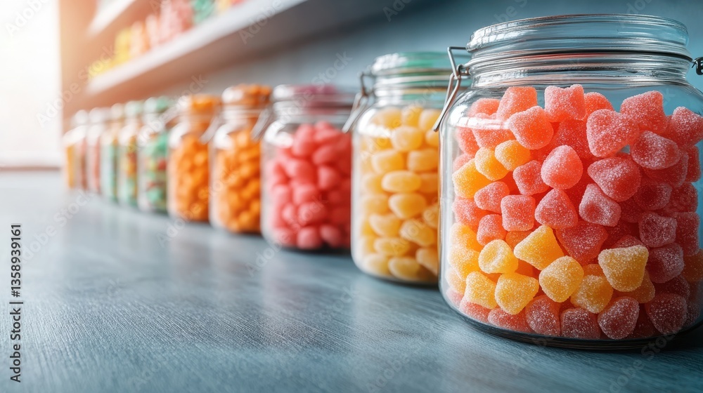 A beautiful array of assorted gummy candies displayed in colorful jars creates a vibrant and enticing atmosphere perfect for candy lovers of all ages. A beautiful array of assorted gummy candies displayed in colorful jars creates a vibrant and enticing atmosphere perfect for candy lovers of all ages.