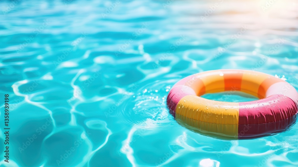 A vibrant striped pool float bobbing gently on the shimmering surface of the water, embodying the essence of summer fun and carefree afternoons spent under the sun. A vibrant striped pool float bobbing gently on the shimmering surface of the water, embodying the essence of summer fun and carefree afternoons spent under the sun.