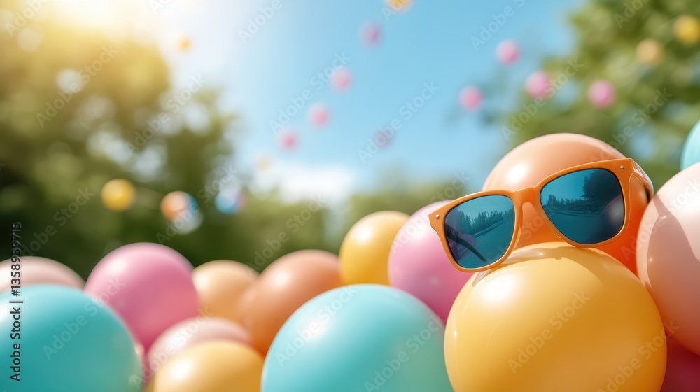 Brightly colored balloons wearing sunglasses are nestled in a sunlit outdoor setting, creating a fun and cheerful atmosphere perfect for celebrations and joyful moments of summer.