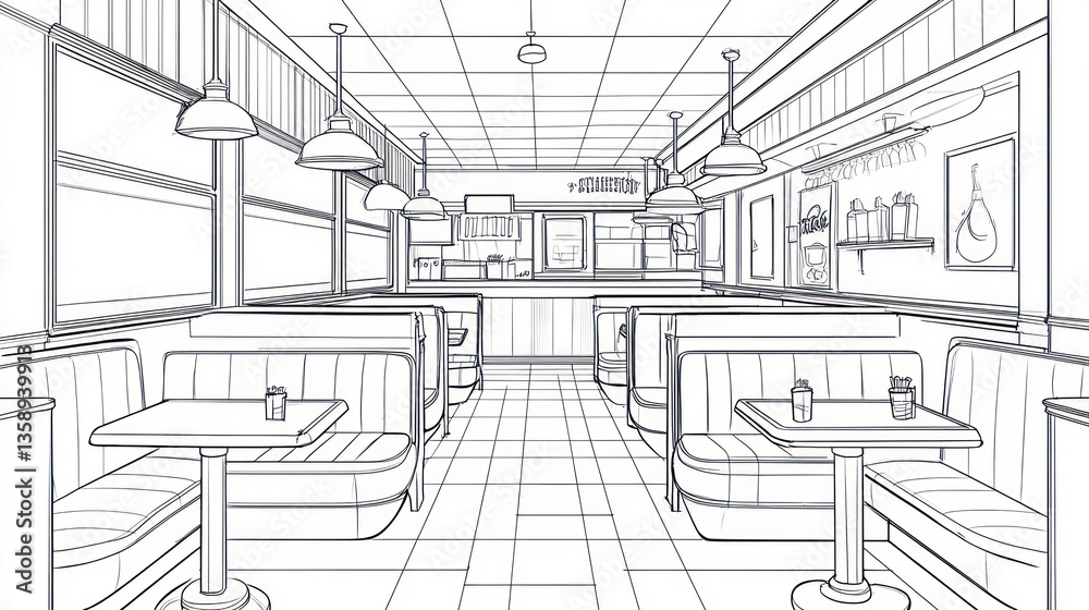 Obraz premium Retro Diner Interior Line Drawing