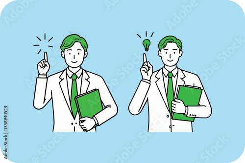 Two men with folders, pointing up with idea symbols, illustrating brainstorming, solutions, or thought processes in a modern design.