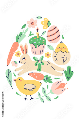 Happy Easter Egg Shape Pattern With Bunny, chicken And Flowers. Greeting hand drawn card on white background. Flat illustration with partial outline. Vector illustration.