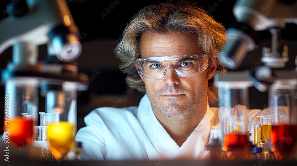Man in a lab coat is wearing safety goggles and looking at a variety of chemicals. Concept of scientific curiosity and caution, as the man is likely conducting experiments or analyzing samples Man in a lab coat is wearing safety goggles and looking at a variety of chemicals. Concept of scientific curiosity and caution, as the man is likely conducting experiments or analyzing samples