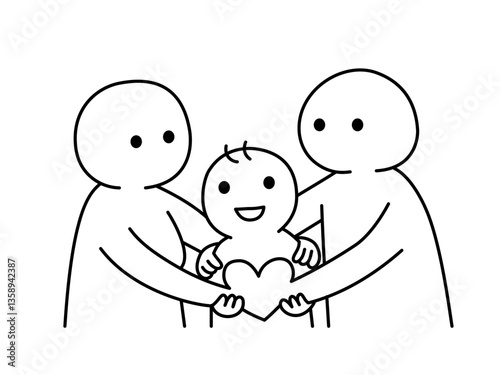 Happy family with a child, graphic elements and cartoon illustration with smiling character.
