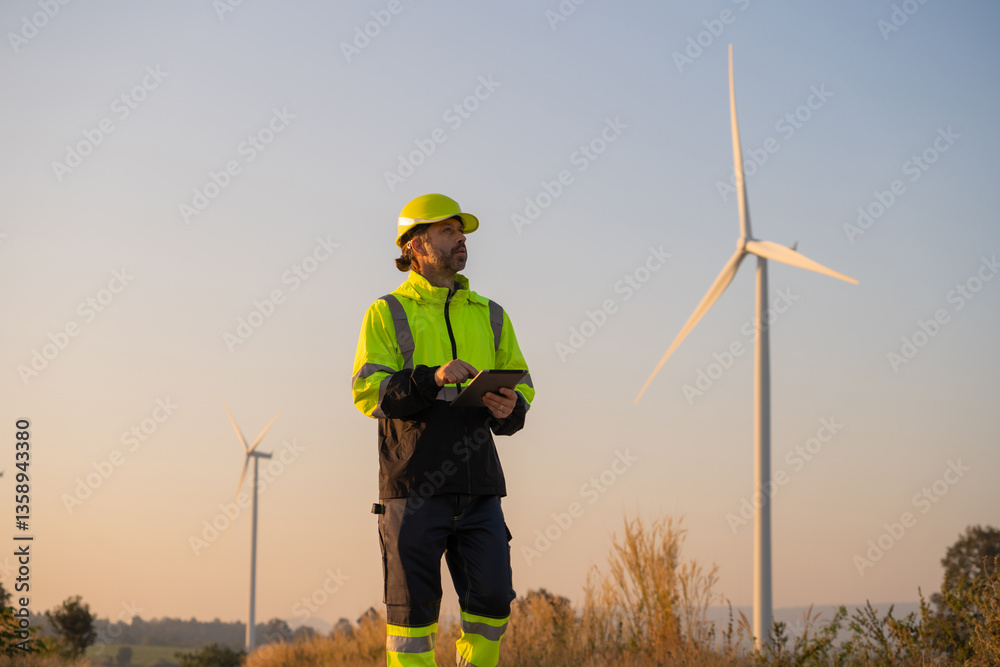 custom made wallpaper toronto digitalEngineer man working with tablet at windmill farm Generating electricity clean energy. Wind turbine farm generator by alternative green energy.