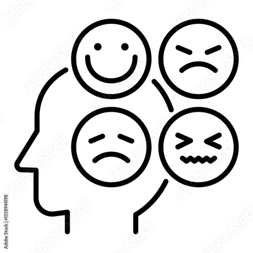 Emotional control and regulation icon, designed with black editable stroke, representing emotional intelligence with a human head and four key emotions