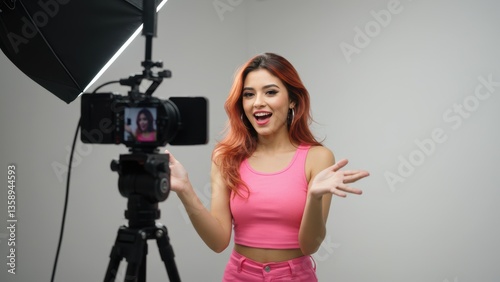 Happy young Hispanic vlogger in pink outfit interacts with audience in studio setup. Brightly lit, cheerful, authentic content creation shown.