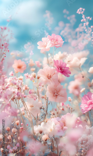 dreamy soft focus pink spring flowers in a pastel field with blue sky background, romantic floral photography for seasonal greeting or wallpaper