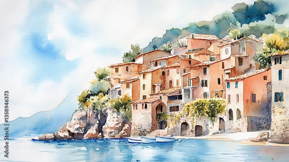 A charming watercolor of an Italian village, rustic houses with ivy-covered walls perched above a serene blue bay, on a white background