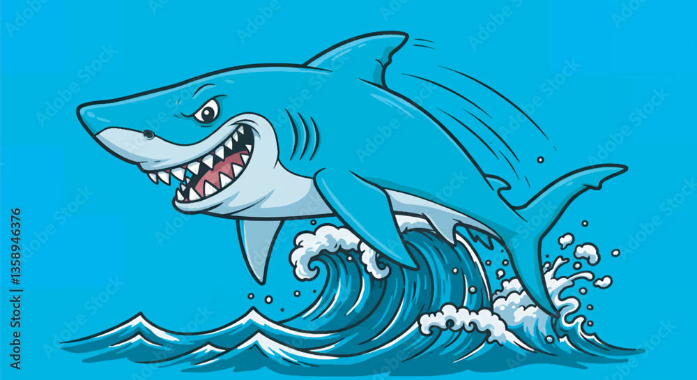 Naklejka premium Cartoon Shark Clipart Leaping from Stylized Ocean Waves