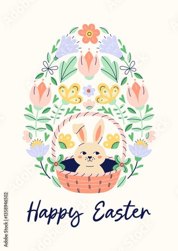 Happy Easter Egg Shape Pattern With Bunny And Flowers. Design with text on beige background. Greeting hand drawn card. Flat illustration with partial outline. Vector illustration.