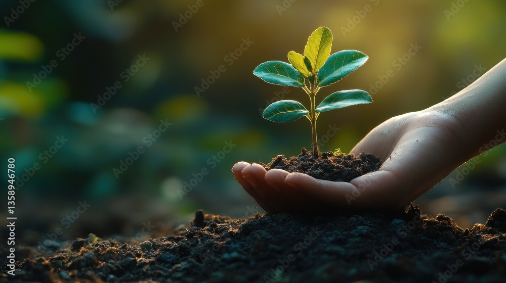 Fototapeta premium Nurturing New Life: A Seedling in Caring Hands