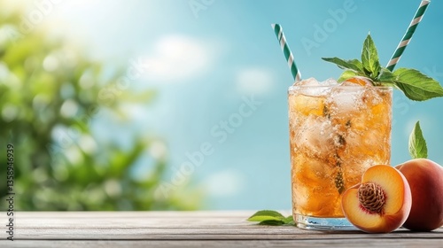 Obraz na płótnie A delightful glass of peach beverage served with two straws, garnished with mint leaves, capturing the essence of summer fun and companionship. w salonie
