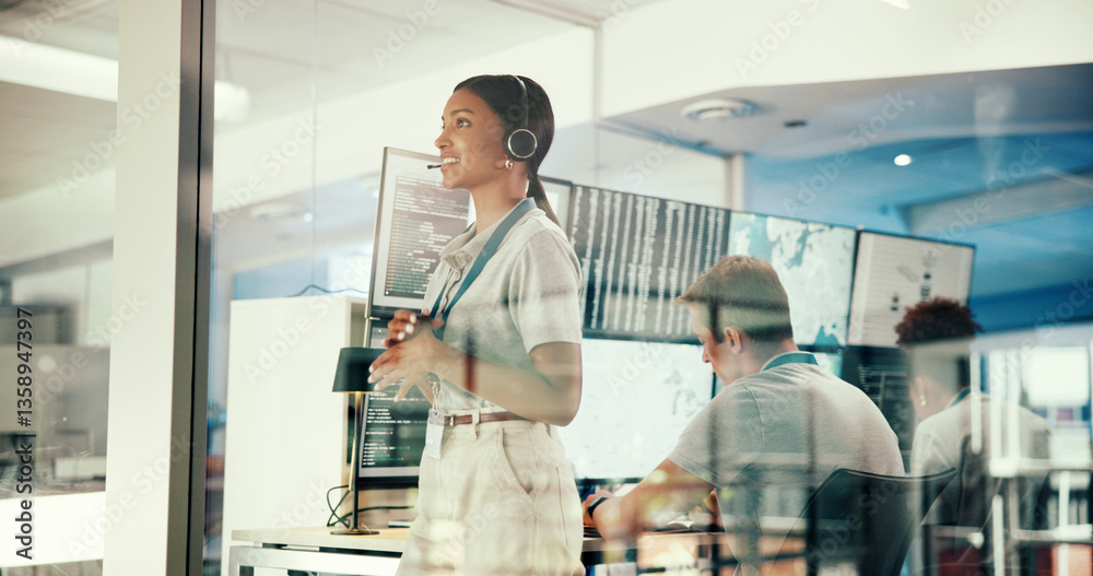 Obraz premium Ideas, woman and meteorologist by window in office with headset for broadcast with news. Thinking, tech and female weather reporter with climate change update with forecast on media in workplace.