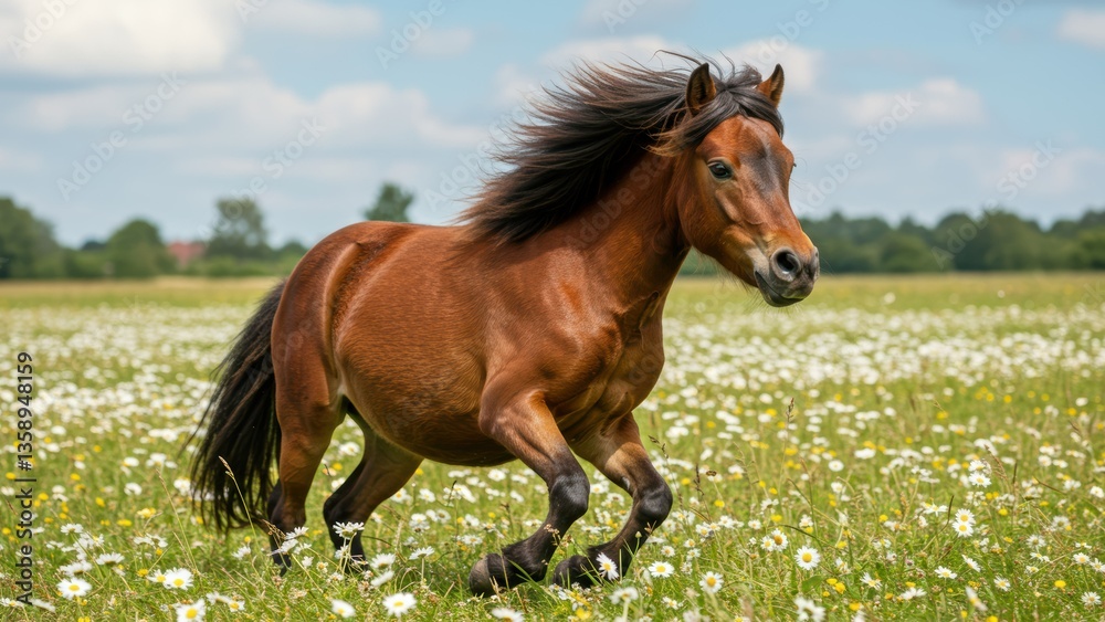 Obraz premium Chestnut horse gallops freely through wildflower meadow against blue sky. Bright daylight, energetic feel. Represents freedom, nature, and summer.