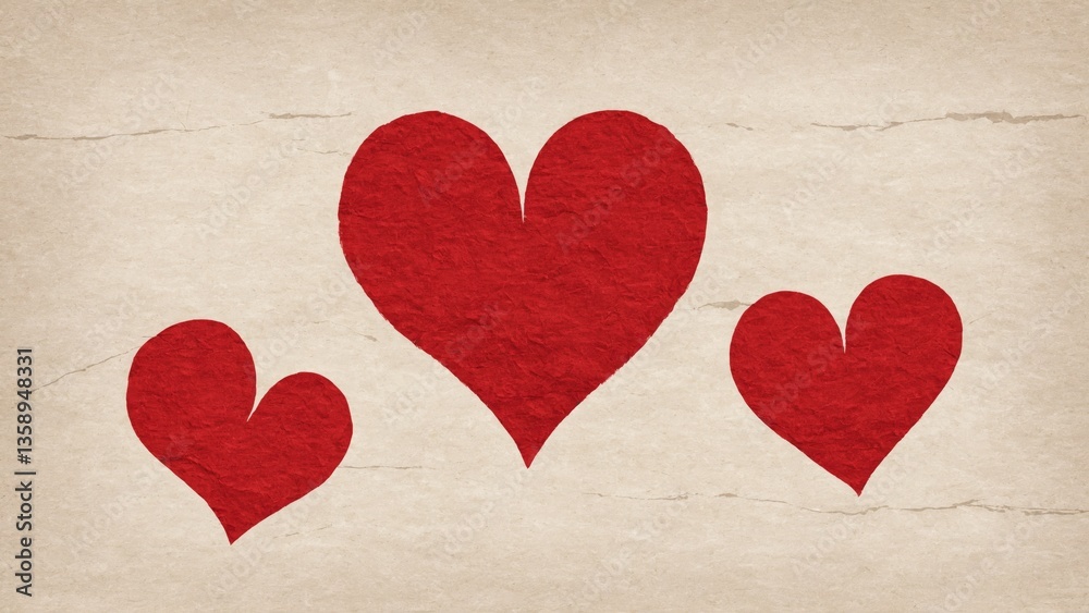 Three red hearts on a textured background Three red hearts on a textured background