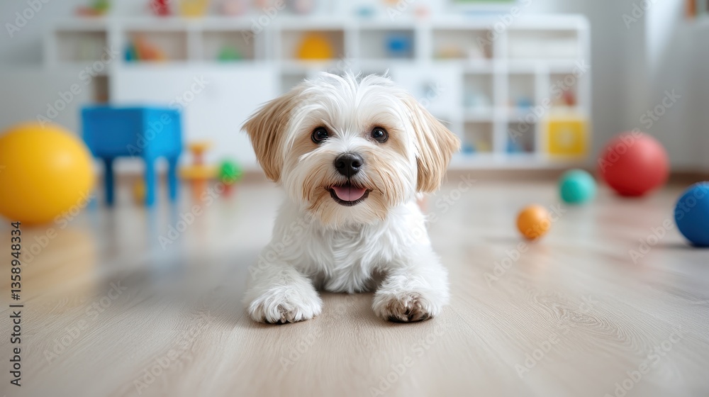 A charming small dog lies on a wooden floor in a playful environment filled with colorful toys, radiating a sense of joy and warmth that delights the onlooker.