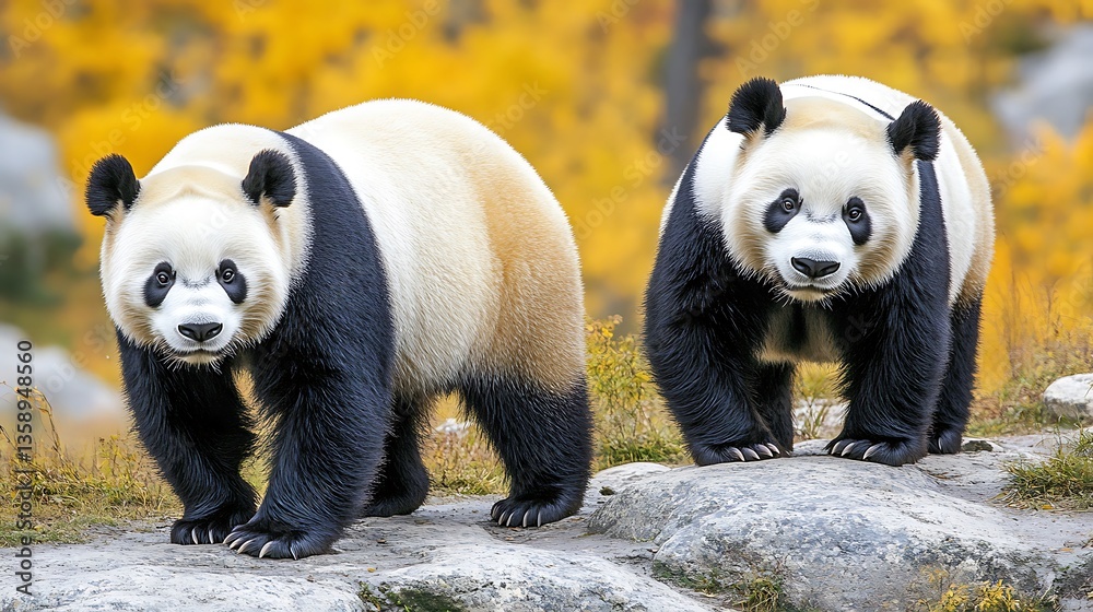Fototapeta premium Two giant pandas standing on rocks, autumn foliage background.