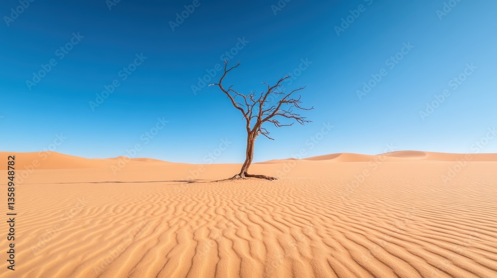 A hauntingly beautiful lone tree stands firm in the serene desert landscape, showcasing the stark contrast between life and the endless sandy dunes under the bright blue sky.