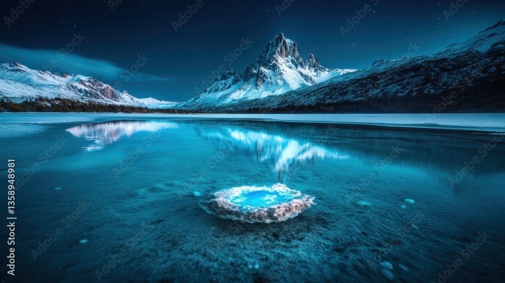 A stunning view showcasing a rugged mountain peak reflecting on crystal-clear blue waters, surrounded by a tranquil winter landscape under a starry night sky.