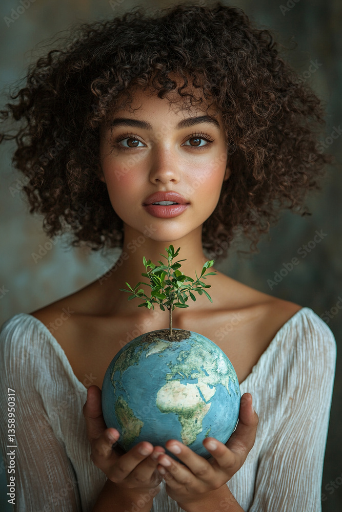 Naklejka premium Mother Earth Day or protection of the environment of the globe. Saving the planet. A dark-skinned curly-haired woman holds a globe with a tree sprout in her hands.