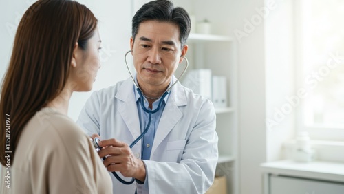 Asian doctor using stethoscope examines patient in clinic. Healthcare professional consults patient during medical examination. Focus health, well-being, and patient care.