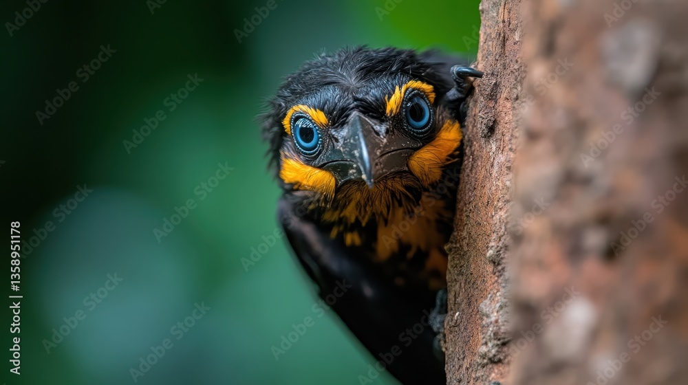 A vibrant bird with striking blue and yellow feathers is curiously peeking around the tree bark, showcasing nature's beauty and the joy of observing wildlife in pristine surroundings.