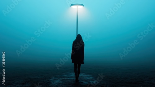 Obraz na płótnie A solitary woman is captured standing under a bright blue streetlight in the midst of thick fog, presenting a hauntingly beautiful scene filled with mystery and introspection. w salonie