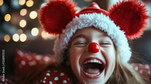 Obraz na płótnie A cheerful girl wearing a festive Christmas hat and red nose laughs delightfully, embodying the joy and warmth of the holiday spirit, perfect for capturing joyful moments. w salonie