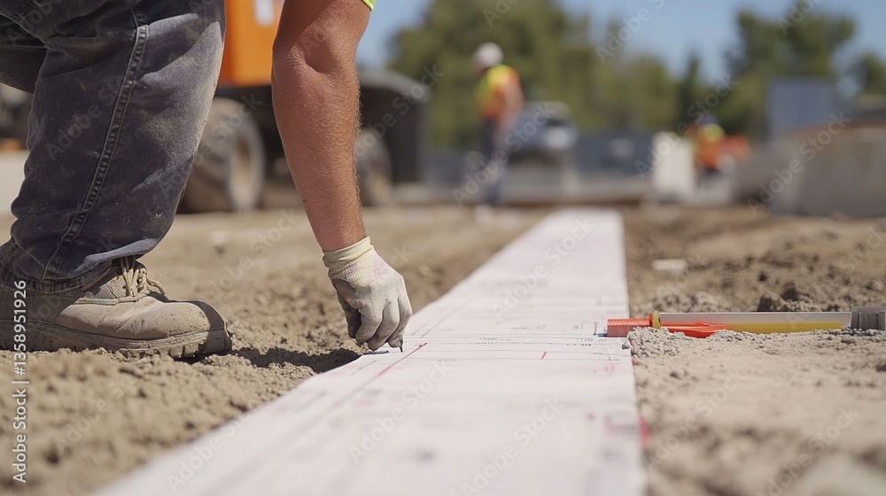 Contractor Marking Measurements on Blueprint in Construction Site Contractor Marking Measurements on Blueprint in Construction Site