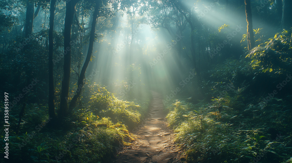Obraz premium Enchanting sunlight filters through a misty forest path surrounded by lush greenery and vibrant plants at dawn Generative AI