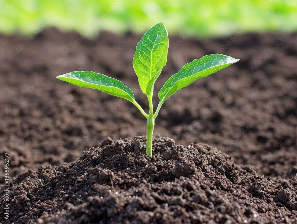 Fototapeta premium Single green seedling emerging from dark rich soil in close up photography under natural light used as ecological growth symbolism and early stage life concept for environmental wallpaper