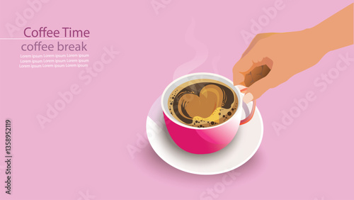 Coffee time concept. Minimalistic style woman hand holding a cup of coffee on pink background. Vector.