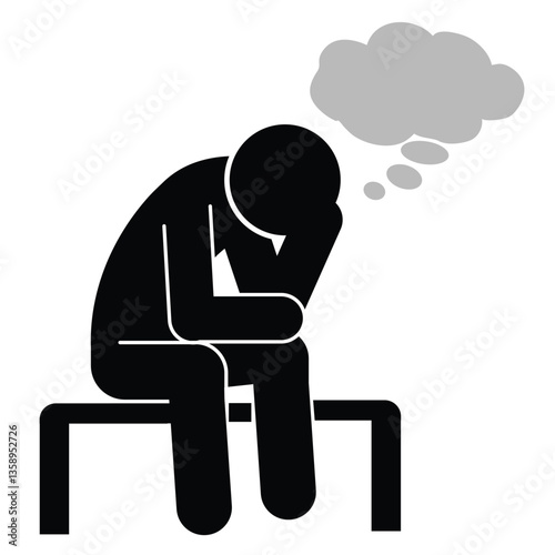 Vector icon of thinker man sitting on a small tool with thought bubble symbol. vector
