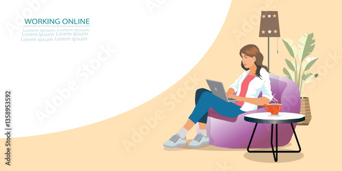A girl working online on her computer chat with clients start up sitting in a big baggy lounge chair wearing casual style clothes isolated yellow background. vector,